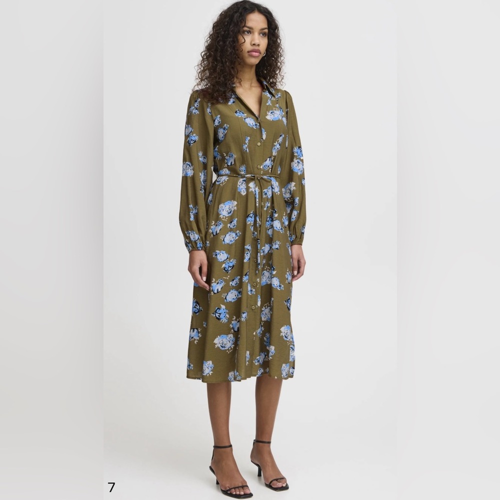 ICHI Green and Blue Long Sleeve Sundress with Notched Collar